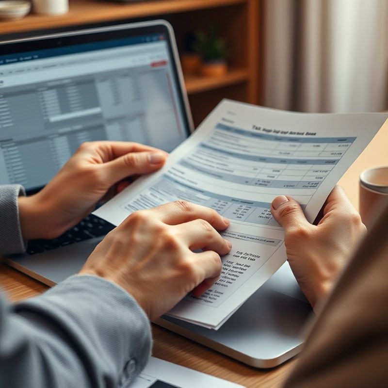 Mâini care analizează documente fiscale și un ecran cu tabele financiare